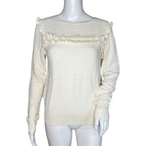 Ann Taylor Sweater Womens Large Cream Ruffle Trim Lightweight Neutral Minimalist